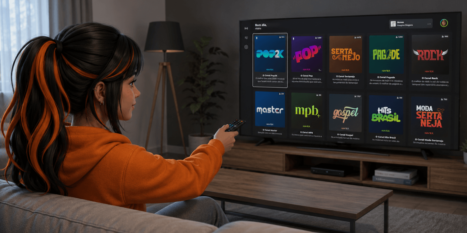 Hunter.FM tocando em uma Smart TV com Google TV na sala
